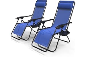 VOUNOT Zero Gravity Chair, Set of 2, Folding Sun Loungers, Recliner Garden Chairs, Outdoor Deck Chairs with Cup and Phone Holder, Blue