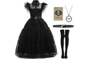 Mrsclaus Halloween Kostüm für Kinder Mädchen Kleid Schwarz Mittwoch Cosplay mit Strümpfe Halskette Skelettkopf Aufkleber Fasching Mottoparty Filmkostüm C039