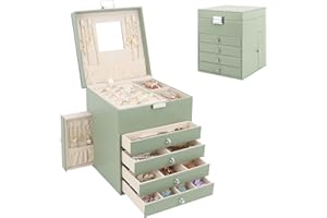 CASIWAFT Jewellery Box Organiser with 6 Drawers and Mirror, Large PU Jewelry Organiser Display Case with Side Drawers, 5 Layers Jewellery Box for Rings Earrings Bracelets Necklaces, Avocado Green