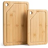 Deconox Bambu 2&rsquo;li Kesim Panosu Seti, 16x26 cm ve 20x30 cm Doğal Bambu Kesim Tahtası, Oluklu Kenarlı Askı Delikli Mutfak Doğr
