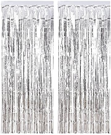 Fringe Curtain 2 Pack Backdrop Curtains (1 x 2.5 m) Shimmer Foil Doors Windows Photo Booths Curtains for Birthday Wedding Decoration (Silver)