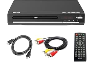 KCR DVD-Player für TV, DVD/CD/MP3/MP4, mit USB-Anschluss, HDMI-Ausgang und AV (HDMI- und AV-Kabel im Lieferumfang enthalten), Fernbedienung (ohne Blu-Ray), Farbe: Schwarz, ohne Region