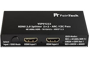FeinTech VSP01222 Splitter HDMI 2.0, 2 ingressi, 2 uscite, Scaler ARC Pass per ricevitore AV 4K 60Hz HDR