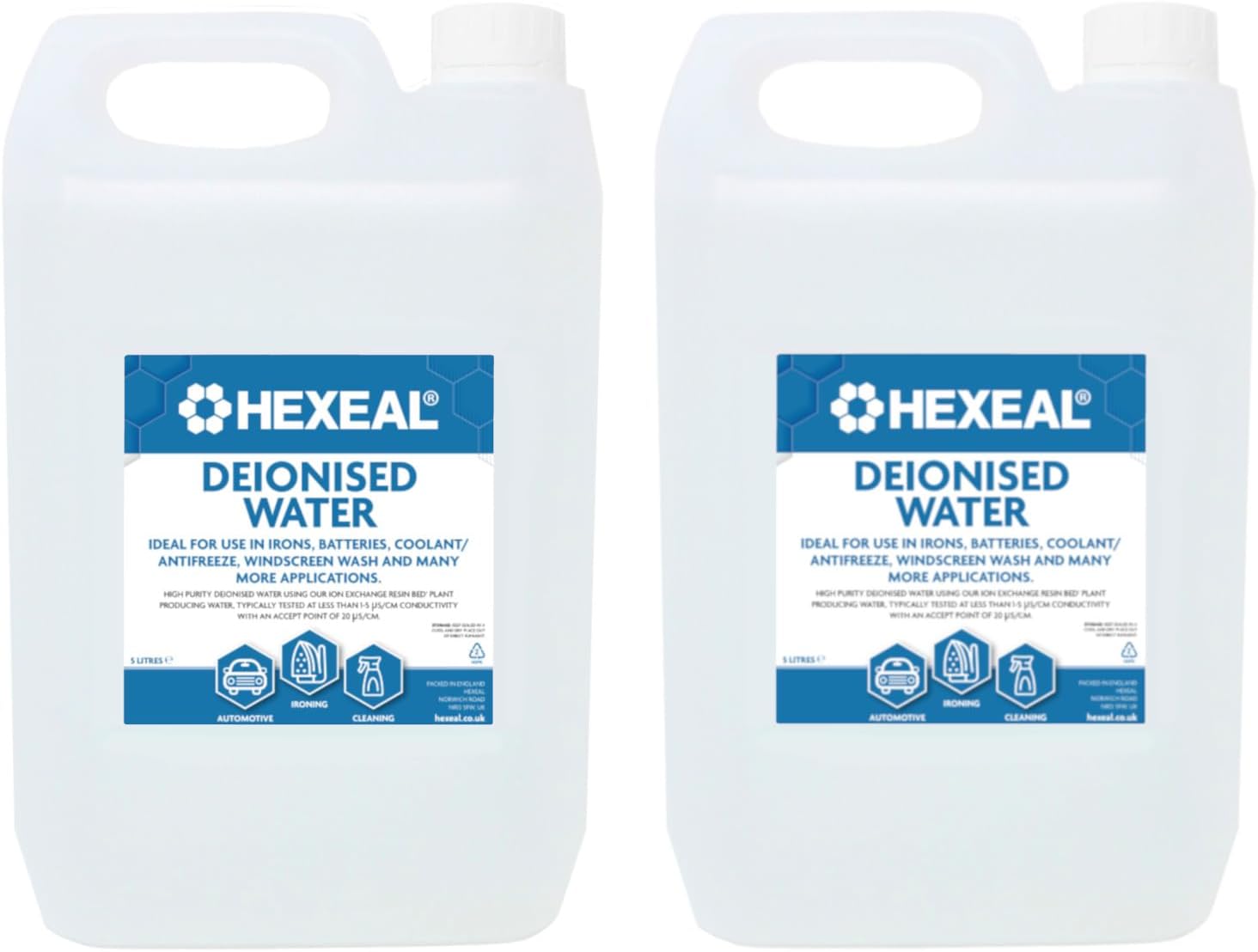 Hexeal Deionised Water 10L – 10L of Deionised Water for Steam Irons, Car Batteries, Windscreen Fluid & Antifreeze – Demineralised Water, Reduces Limescale Deposits & Water Stains – For Lab Use