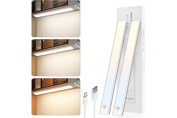 2-Pack USB-C Uppladdningsbar LED Garderobslampa, 2200mAh, Magnetisk och Dimbar med 3 Toner (3000K/4000K/6500K), med Rörelsesensor för Kök, Trappa, Sovrum, Hall (41 CM)