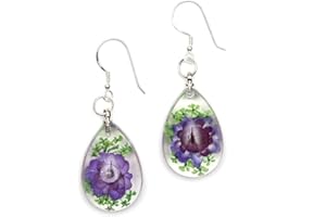 IDIN JEWELLERY Idin Handmade Earrings - Purple pressed flower in clear resin teardrop dangle earrings handmade with real flower - sterling silver ear wire (length: 4.8 cm, pendant 1.6 x 2.3 cm)