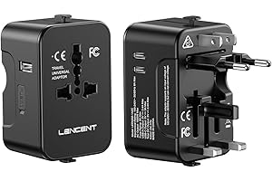 LENCENT Adattatore da Viaggio Internazionale, Presa Universale con 1 USB-A + 2 USB-C, Tutto in Uno Adattatore Presa USB per Telefono, PC, Adattatore Spina Mondiale per Europa/Regno Unito/USA/AUS -Nero