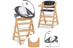 hauck Alpha Move Newborn Set Deluxe - Baby Holz Hochstuhl ab Geburt mit Liegefunktion - inkl. Aufsatz für Neugeborene, Sitzpolster, Essbrett - mitwachsend & verstellbar