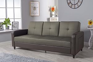 SLEEP FACTORY LTD Sleep Factory - Eden ClicClac 3 Seater Sofa Bed, with Storage - W203cm D79cm H82cm - Faux Leather Recliner Fold Out Couch with Folding Table - Removable Arms, Side Storage Pockets - Ash Brown