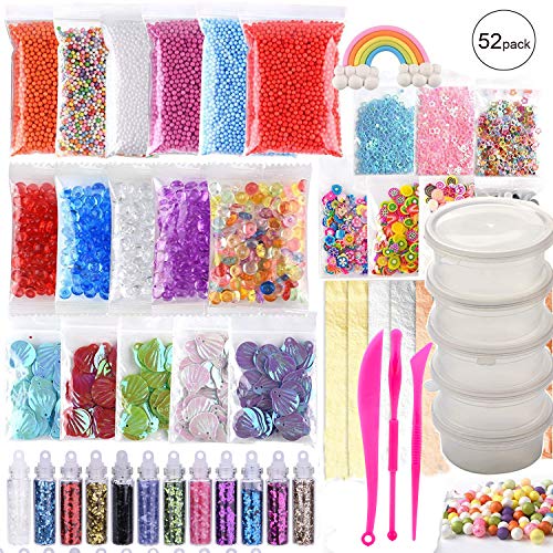 (52 piezas) OOTSR accesorios de limo con bolas de pecera, bolas de espuma, rebanadas, ojos saltones, brillo, estrella, cáscara, arco iris, papel dorado de imitación, contenedores de limo (sin limo)