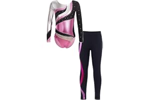 JanJean Kinder Mädchen Gymnastikanzug Langarm Turnanzug Ballettanzug mit Leggings Sport Hose Strass Tanzbody Gllitzer Turnbody Trainingsanzug