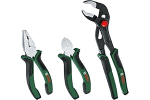 Bosch Juego de 3 alicates Premium (alicates universales, de corte lateral, de punta larga y de pico de loro; empuñadura suave antivibración y ergonómica; superficie niquelada) - Amazon Edición