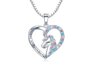 TIZU Cuore Unicorno Collana con zirconi arcobaleno per bambini, gioielli per ragazze