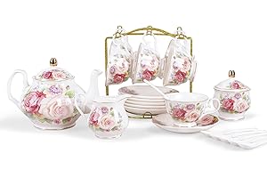 fanquare Europejski porcelanowy zestaw do kawy, różowy zestaw do herbaty dla kobiet, zestaw do herbaty z porcelany kostnej, vintage kwiatowy dzbanek do kawy i herbaty z kubkami