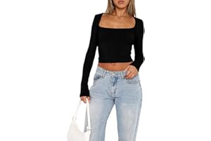 OOHOKAY Langarmshirt Damen U-Ausschnitt Basic Oberteile Y2K Slim Fit Tshirt Crop Tops Lässige Streetwear