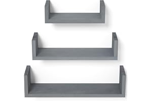 SRIWATANA Floating Shelves, 3-stier Solid Wood Wall Shelves for Bedroom, Living Room, Bathroom, Kitchen, Office and more, Grey