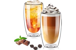 TKNO 2 Pack 450ml Double Walled Tall Coffee Glasses Mugs Cups, for Coffee Tea Milk Juice Ice Cream Dessert, Borosilicate Heat Resistant Large Glass Cups, Microwave Safe, Ideal for Hot and Cold Drinks