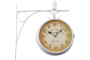 YOUWISE H-YEEU 31 cm * 29 cm Orologio da Parete Retrò Colore Bianco, Orologio Stazione Ferroviaria, Orologio da Parete in Ferro, Orologio da Parete con Numeri, Orologio Su Due Lati