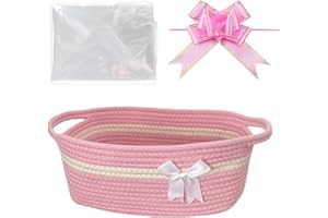 Hiseng Panier Cadeau Vide, Panier de Rangement Tissé en Corde de Coton avec Sacs Transparent et Nœuds, pour Fabrication de Paniers de Cadeaux de NoëL, Pâques, Mariage (Rose Blanc)