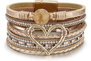 aesdox Pulsera de cuero multicapa para mujer, diseño de corazón de cristal con cierre magnético