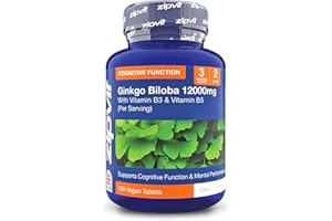 Zipvit High Strength Ginkgo Biloba 12000mg with Vitamins B3 & B5, 180 Vegan Tablets, Supports Memory, Focus, Brain Health & Cognitive Wellness, Standardised 50:1 Leaf Extract, 3 Months Supply.
