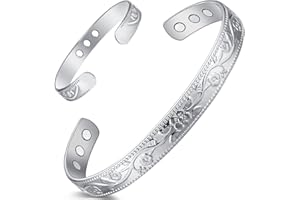 Cigmag 9 x Kupfer-Magnetarmband für Damen, 99 % massives reines Kupfer, ultrastarker Magnet, verstellbar, Brasaletes-Manschette, Armreif mit Geschenkbox (Silber-Blumenmuster)