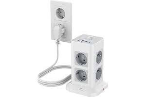 TESSAN Strömuttag med 8 uttag med USB C, 3 meters förlängningsuttag, överbelastningsskydd med 3 USB A och USB C, Vertikalt grenuttag med strömbrytare, 3 600 W