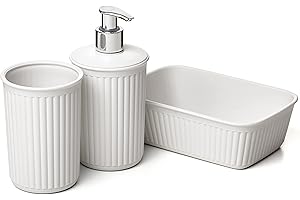 Tatay Set de 3pcs Sobremesa de Baño (Vaso + Dosificador + Organizador A6) Baobab, de Plástico, Libre de BPA, Blanco Pergamon, 6391301