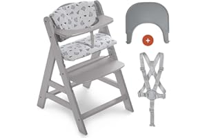 hauck Seggiolone Alpha Plus Con Vassoio Click Tray, Cuscino e Cinture Sicurezza 5 Punti - Seggiolone Legno da 6 mesi Fino a 90kg, Regolabile - Grigio