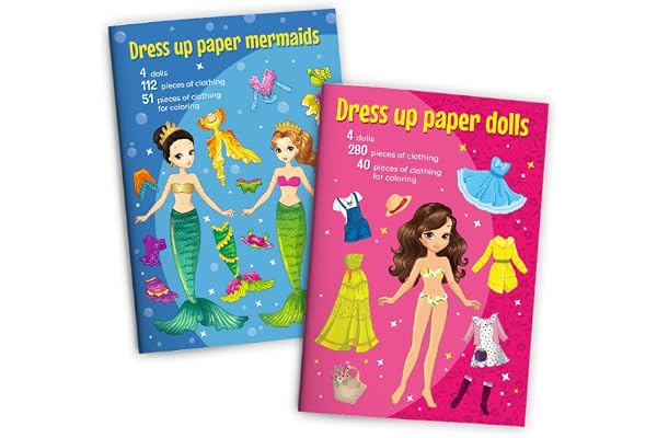 Junapack Coffret poupée à habiller à découper, poupée à habiller en papier, poupées en papier, livre de jeu (4 poupées et 4 sirènes) avec vêtements à enfiler