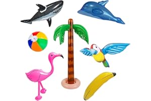 PIUMOJ Inflables Palmeras Flamingo Juguetes 7 Piezas Inflables Banana Bolas de Playa Volando Loro Delfín Tiburón para la Decoración del Partido Playa Hawaii Luau Party