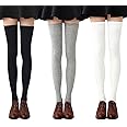 Chalier Womens Knee-High Socks stretchy striped Stocking Thigh High Socks 2 or 3 Pairs, One Size, Grey/Black/White