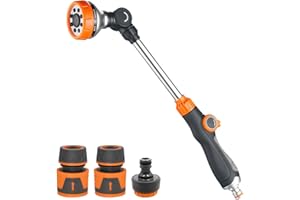 LangRay Pistola de Riego, Lanza de Riego con Barra 47cm, Pistola Manguera Jardín para Riego y Limpieza de Césped, 8 Modos de Pulverización Ajustable con 2 Conectores 1/2 Pulgada y 1 Boquilla