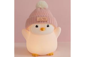 FAMIDUO Luce notturna a forma di pinguino, graziosa lampada a forma di pinguino rosa con cappello lavorato a maglia, luce notturna in morbido silicone per bambini, ricaricabile/dimmerabile/timer