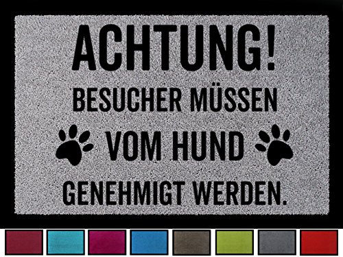 FUSSMATTE Türmatte ACHTUNG BESUCHER HUND Hundematte Geschenk Bodenmatte Hellgrau