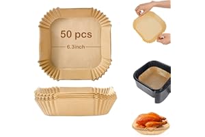 HIUOUIH Air Fryer Feuilles de Papier 50 Pièces Cuisson Paper Liner Prédécoupé en Forme Carré Sulfurisé pour Airfryer Jetable Friteuse Chaud Parchment Liners, 16 x 4.5 cm