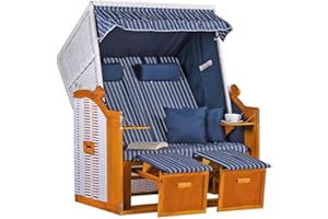 Mr. DEKO® Corbeille de Plage mer Baltique Blanc Bleu Royal en polyéthylène et rotin Blanc à Fines Rayures Bleu Fauteuil-Cabine