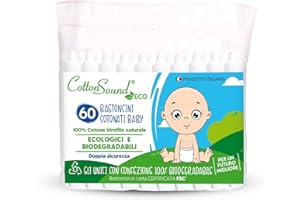 COTTON SOUND ECO Wattestäbchen Baby 1 Beutel x 60 Stück, Wattestäbchen für Kinder, ökologische und biologisch abbaubare Baumwollstäbchen, 100% hydrophile Baumwolle, kompostierbarer Beutel, Made in