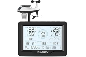Raddy MN6 Lite Station météo 5 en 1 avec capteur extérieur, moniteur de température, humidité, pression atmos, DCF, prévisions météorologiques, vitesse du vent, précipitations