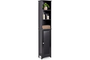 VonHaus Tall Bathroom Cabinet – Freestanding Storage Cupboard – Slimline Tallboy Unit with 6 Shelves and 1 Door – Wooden Shutter Style Furniture for Bathroom, Bedroom, Kitchen, Hallway (Black)