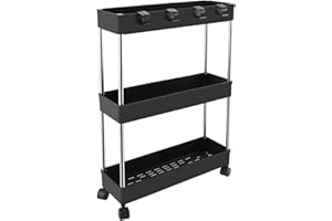 Zosenyer 3 Niveles Carro Almacenaje con Ruedas, Carrito Baño Estrecho 13 cm para Cocina, Baño, Oficina, Carrito Auxiliar con Ruedas, con 6 Ganchos, 40 cm x 13 cm x 60 cm, Negro