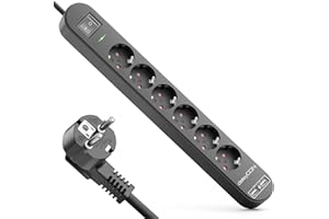 deleyCON 1,5m Ciabatta Elettrica a 6 Scomparti con Ciabatta USB - 6x Prese di Contatto di Protezione 2x Presa di Ricarica USB-A - Protezione da Sovratensione Interruttore ON/OFF Nero