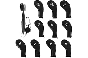 EDATOFLY 10 Pezzi Coprimazze da Golf Stampa Numero Copri Mazza Ferri con Cerniera Lungo Collo e 1 Pezzo Spazzola da Golf Club