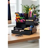 Lucky Desktop Wooden Organizer Pen Holder with 10 Eyes Drawers - Jewelry Makeup Multi-Purpose Organizer (BLACK)