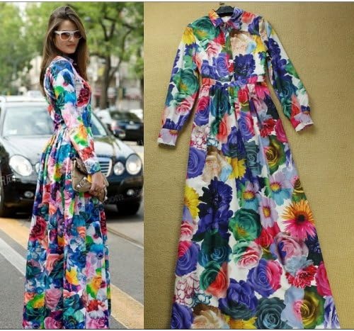 Robe longue de soirée imprimée fleurs, robe longue de ceremonie cocktail, robe boheme ete 2014 manches longue - taille L