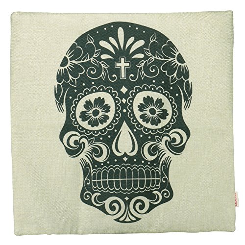 Luxbon 2x Schwarz und Beige Totenkopf Schädel Leinen Kissenbezug Pillowcase Auto Haus Halloween Deko 45 x 45 cm - 3
