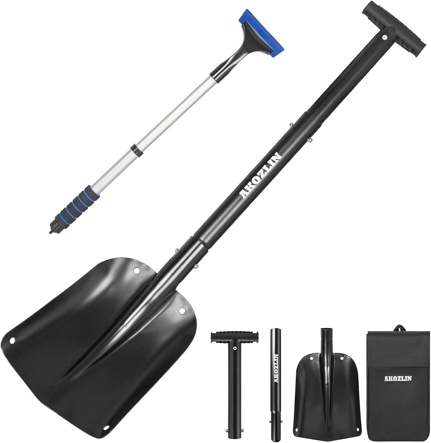 Pala telescópica de emergencia para nieve con raspador de hielo y bolsa de transporte, plegable, de aluminio, de 21.2 a 32.3 pulgadas, pala de emergencia retráctil ligera para coche, moto de nieve