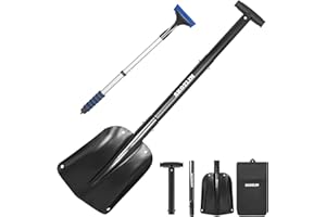 AKOZLIN Pala telescópica de emergencia para nieve con raspador de hielo y bolsa de transporte, plegable, de aluminio, de 21.2 a 32.3 pulgadas, pala de emergencia retráctil ligera para coche, moto de nieve
