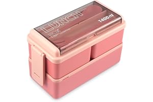 Ninevi Eastor Bento Box Hermetico,1400ml fiambreras para niños,con 2 Compartimentos y Cubiertos,loncheras de trabajo,cajas plastico fruta, para hornos de microondas y lavavajillas (rosa)