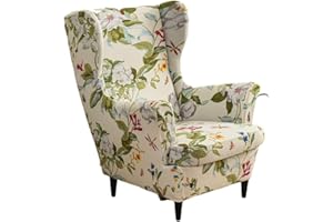 Highdi Wingback Chair Covers 2-Piece Stretch Wing Chair Cover for Armchair, Spring Floral Soft Spandex Sofa Slipcover Washable Living Room Bedroom Hotel Furniture Protector